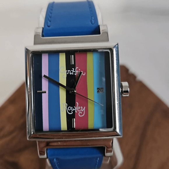 Cynthia Rowley Watch CR442 Multicolor Face Blue Leather Band Silver Steel Case - Picture 2 of 5